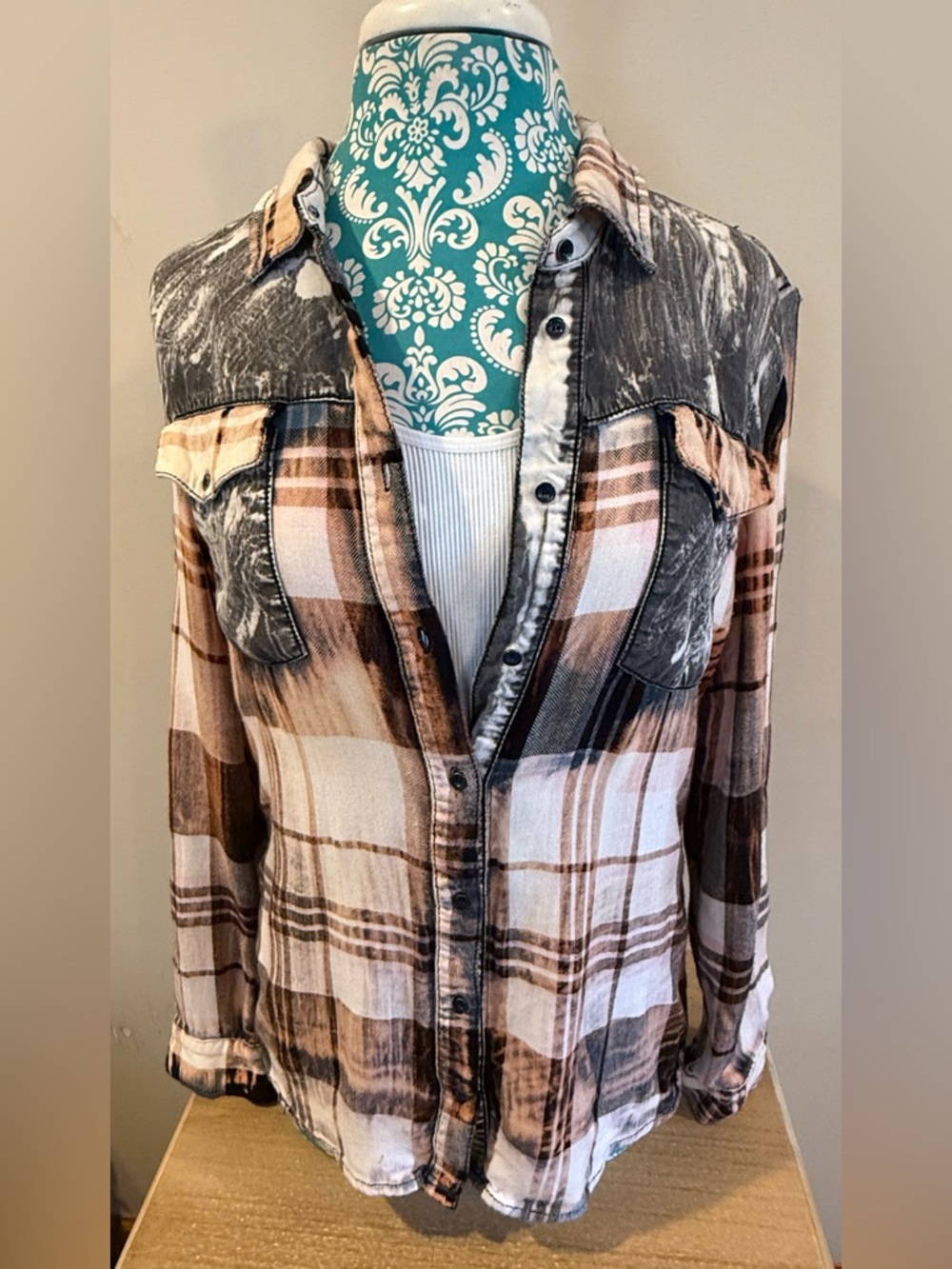 Brown, Gray, Orange & Black Distressed Plaid Button-Up Shirt (cami not included)